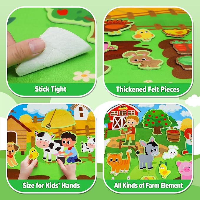 Juego de tablero de cuentos de fieltro de animales de granja multicolor con tablero interactivo ocupado de 3,5 pies, 38 piezas para niños y niñas de 2 a 4 años 