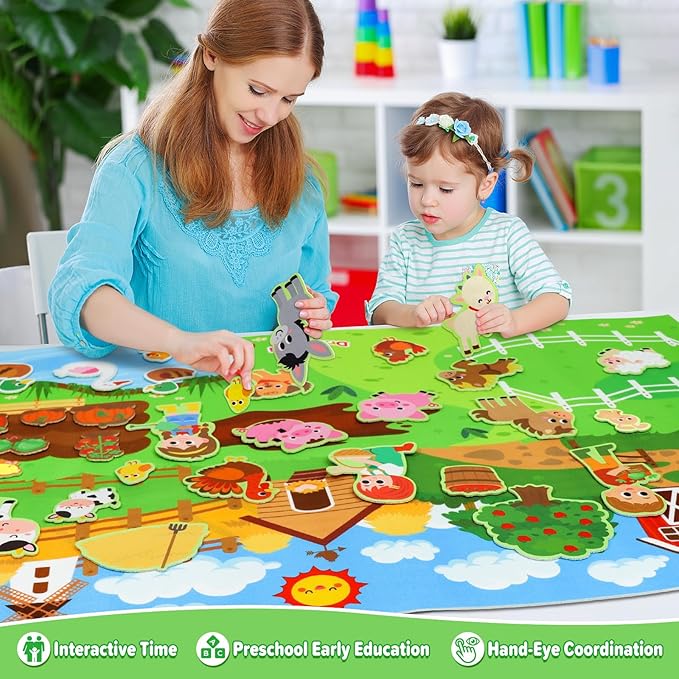 Juego de tablero de cuentos de fieltro de animales de granja multicolor con tablero interactivo ocupado de 3,5 pies, 38 piezas para niños y niñas de 2 a 4 años 