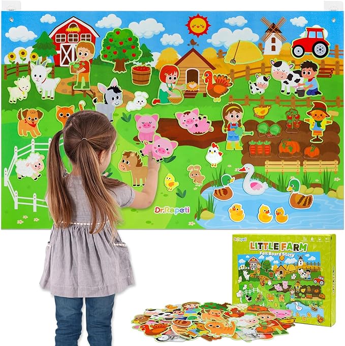 Juego de tablero de cuentos de fieltro de animales de granja multicolor con tablero interactivo ocupado de 3,5 pies, 38 piezas para niños y niñas de 2 a 4 años 