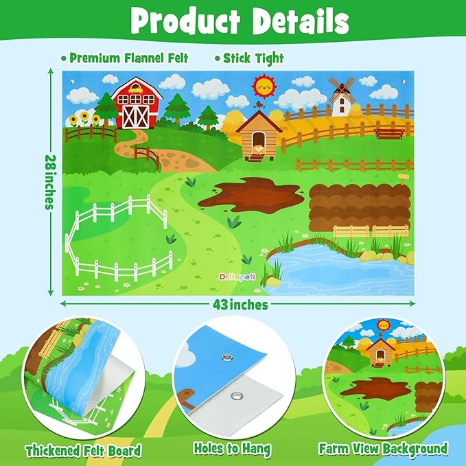 Juego de tablero de cuentos de fieltro de animales de granja multicolor con tablero interactivo ocupado de 3,5 pies, 38 piezas para niños y niñas de 2 a 4 años 