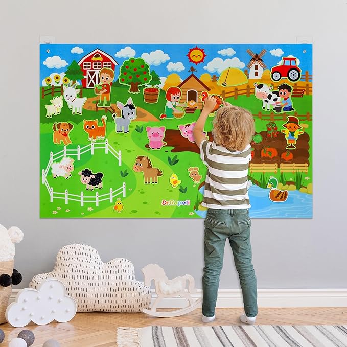 Juego de tablero de cuentos de fieltro de animales de granja multicolor con tablero interactivo ocupado de 3,5 pies, 38 piezas para niños y niñas de 2 a 4 años 